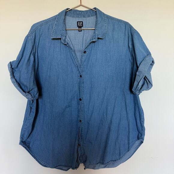 GAP Denim Shirt Womens XL Chambray Button Up Short Sleeve Cotton Preppy Western - Picture 2 of 7